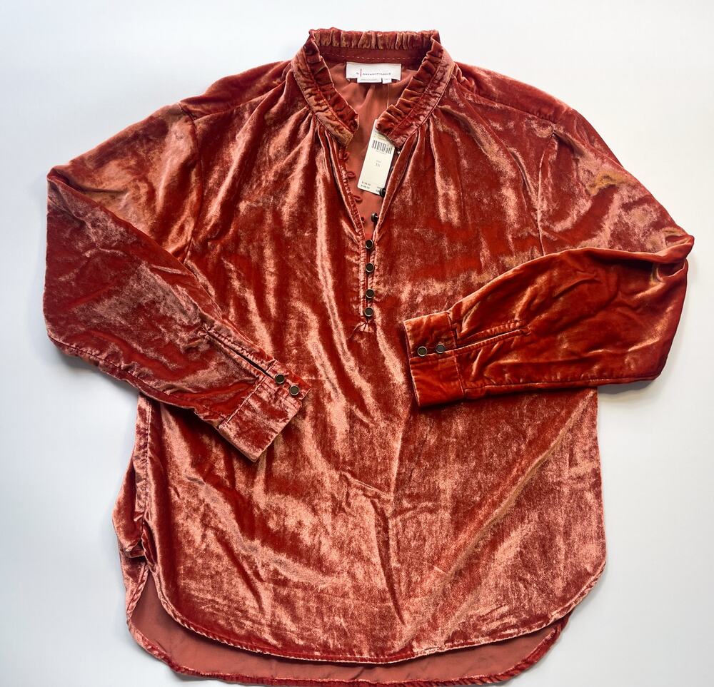 NWT Anthropologie Orange Velvet Long Sleeve Oversized Blouse Size XS
